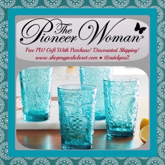 πΊ New Pioneer Woman Amelia Teal Blue Embossed Glass Tumblers, Set of 4 - Picture 2 of 9